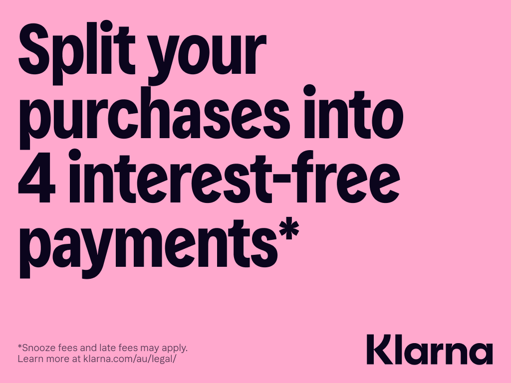 Promotional text for Klarna's interest-free payment plan on a pink background