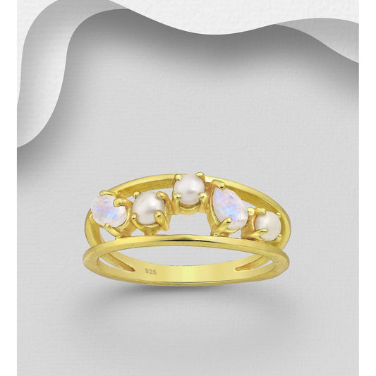 925 Sterling Silver Ring, Decorated with Freshwater Pearl and Rainbow Moonstone by Boho Rhapsody