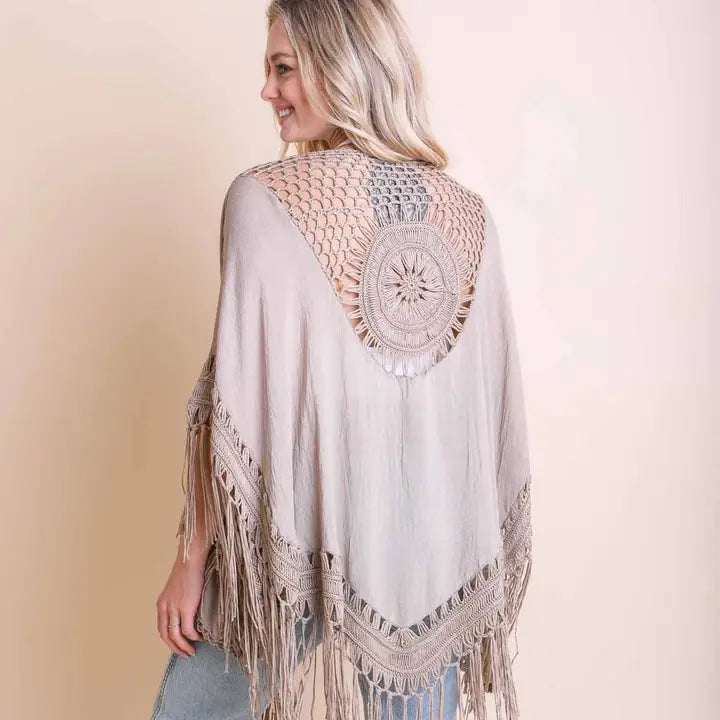 Nina Crochet Back Tasseled Short Kimono Cape by Leto Accessories