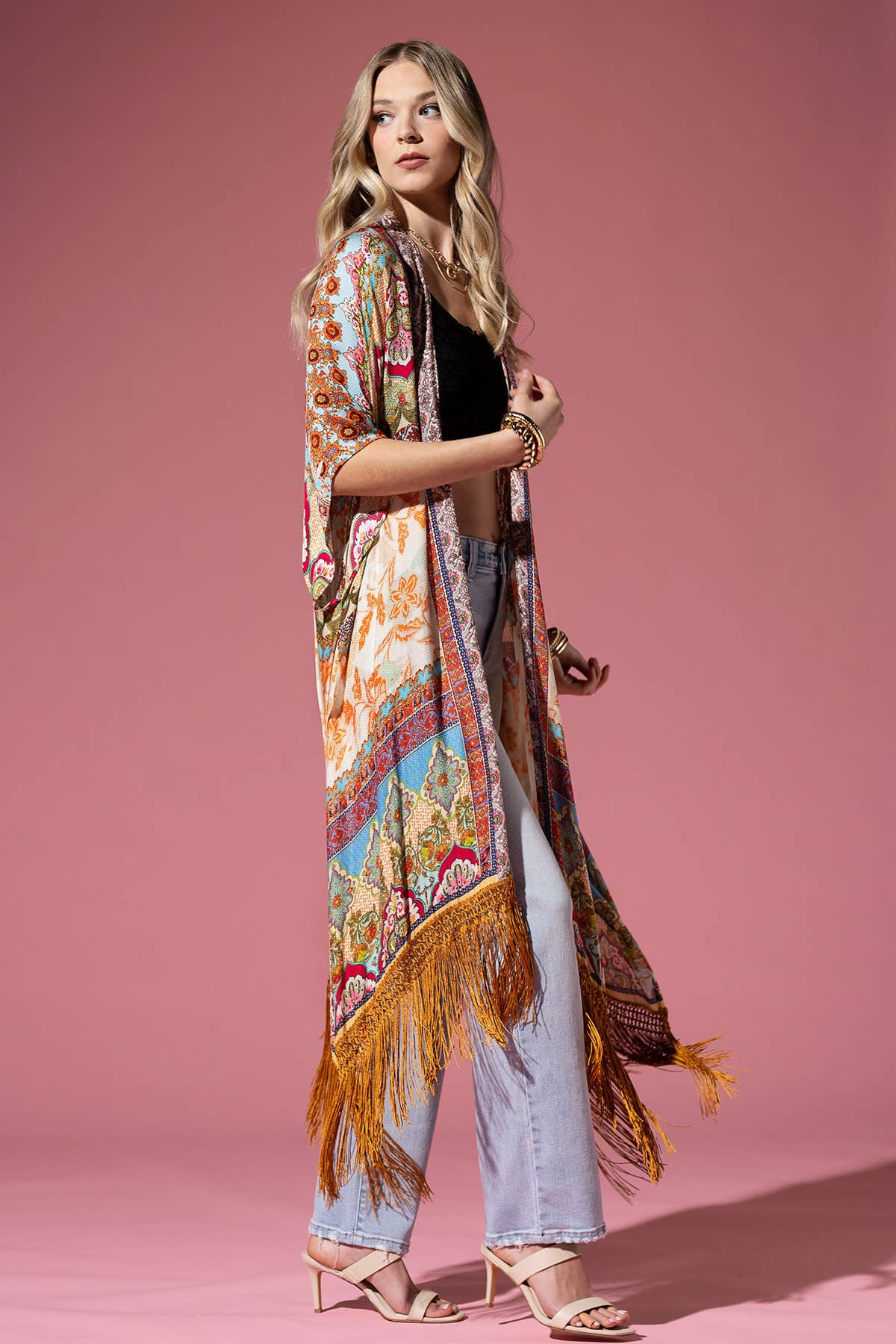 Cairo Demask Print Fringe Kimono