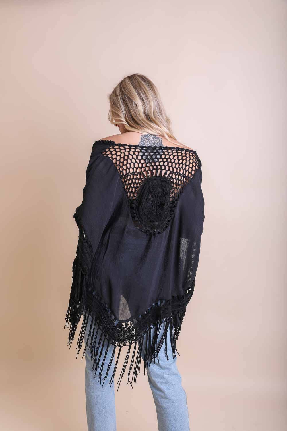 Nina Crochet Back Tasseled Short Kimono Cape by Leto Accessories