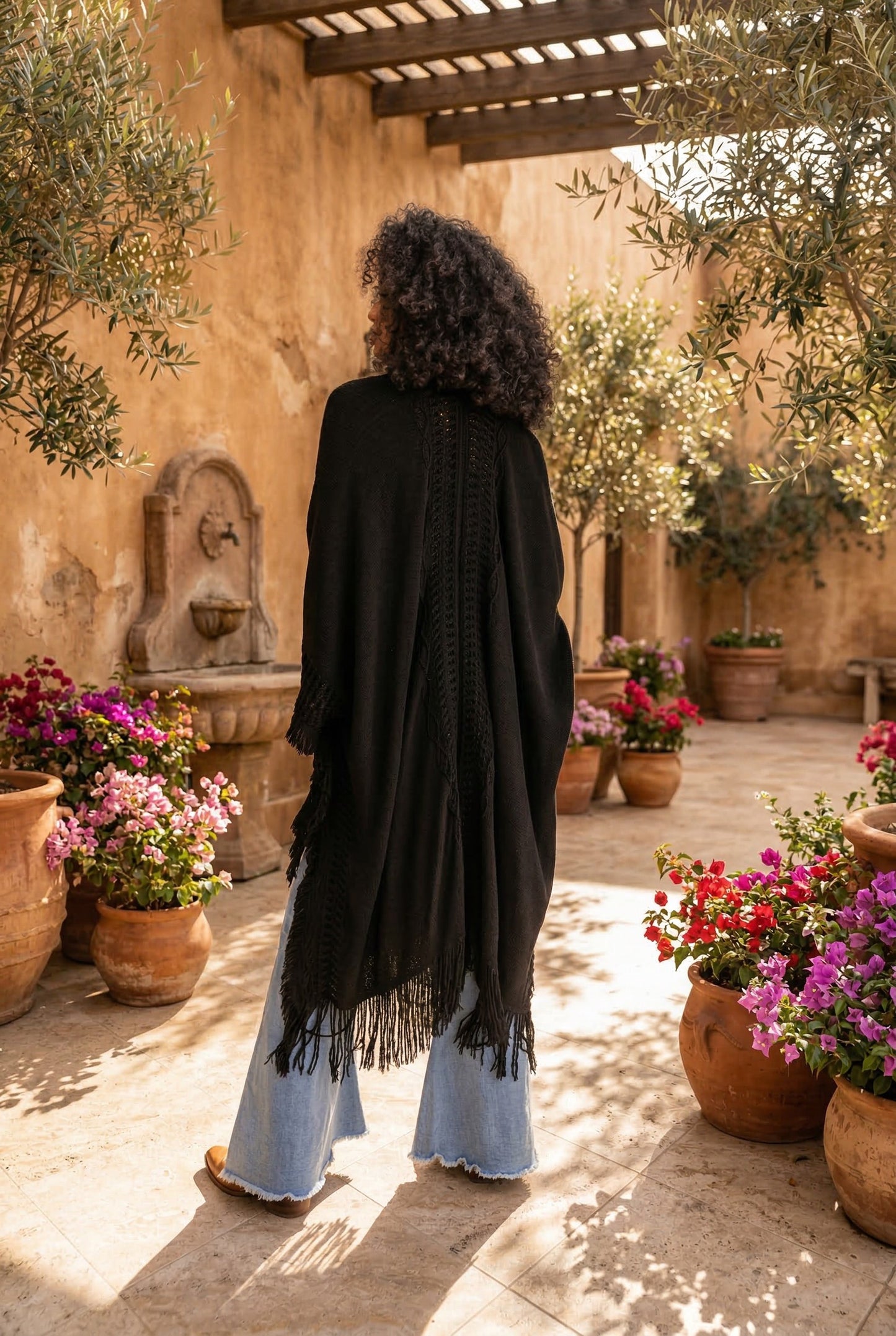 Freyja Bohemian Ruana Wrap - Brown, Black, Grey, Beige/Cream
