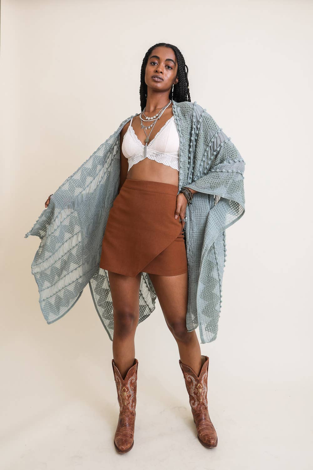 Cheyenne Embroidered Zig Zag Soft Kimono - Sage