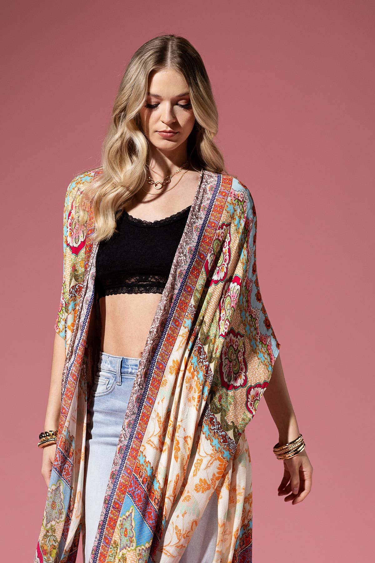 Cairo Demask Print Fringe Kimono