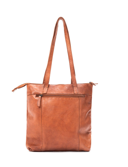 A brown leather tote bag with two shoulder straps, a top zipper closure, and a front zippered pocket, shown against a plain white background.