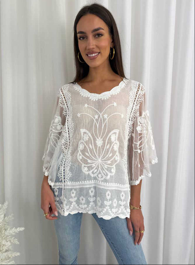 Woman wearing a white lace top and jeans against a white curtain background