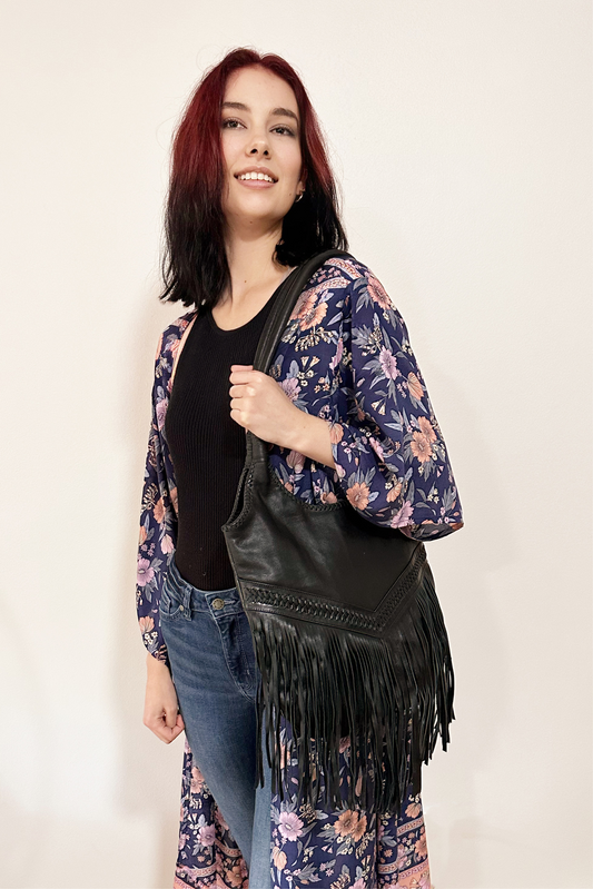 Arizona Fringed Black Leather Boho Bag by Boho Rhapsody