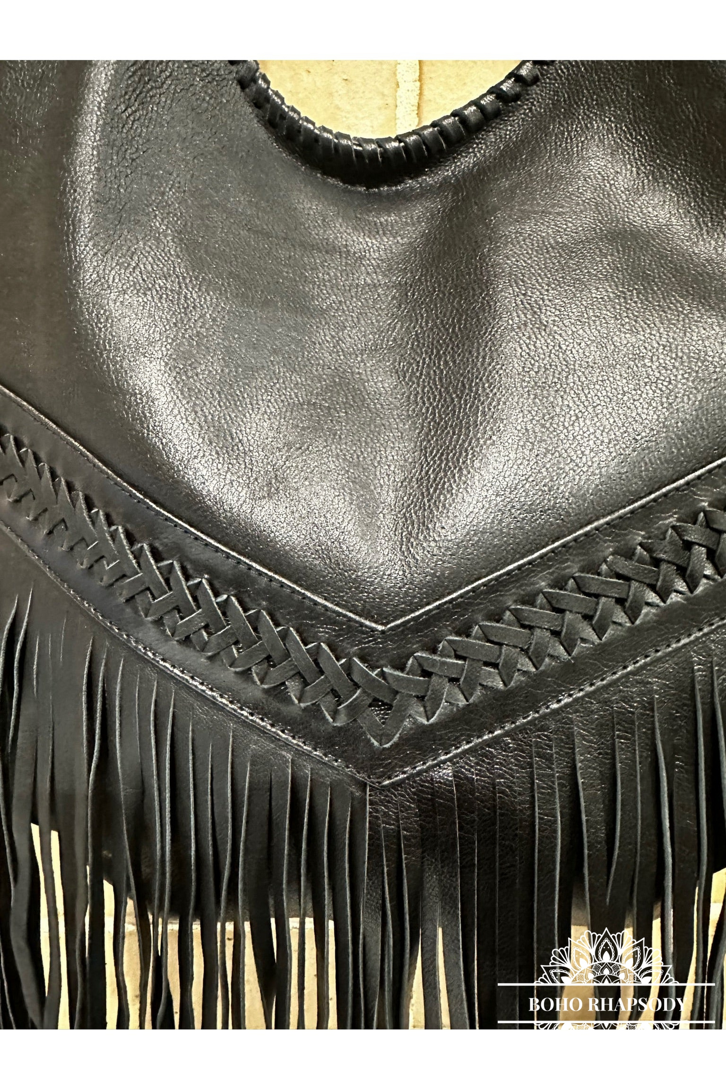 Arizona Fringed Black Leather Boho Bag by Boho Rhapsody