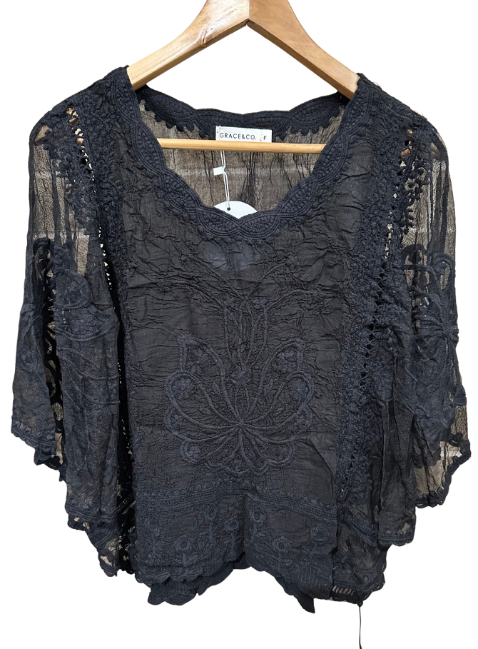 Delilah Spring Cotton and Lace Top White, Black or Salmon by Grace & Co