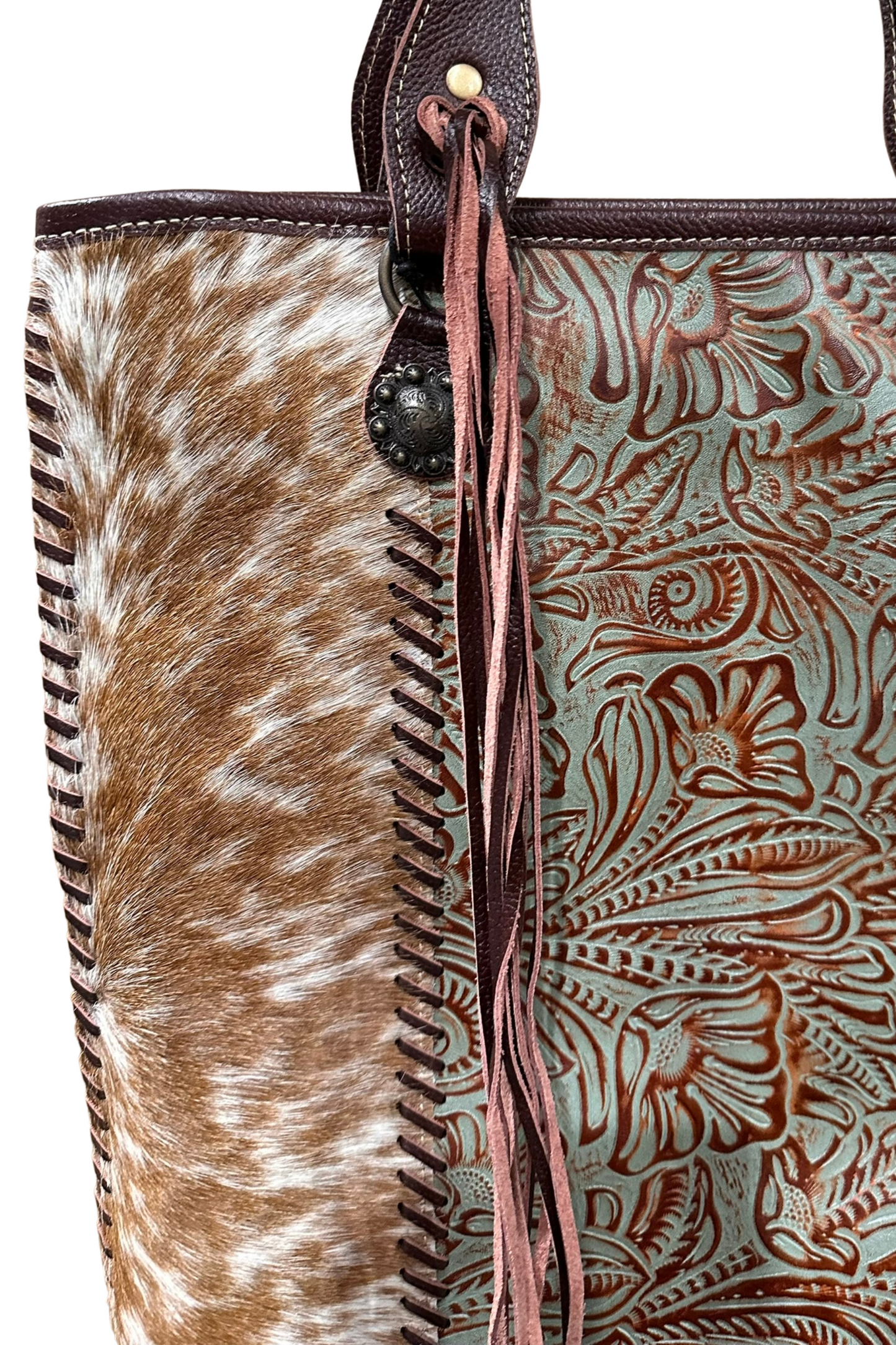 Dakota Hand-Tooled Hide Tote Brown by Boho Rhapsody