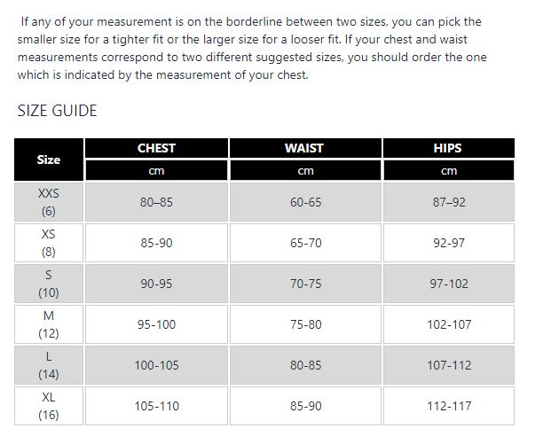 Size guide chart for clothing with chest, waist, and hips measurements.