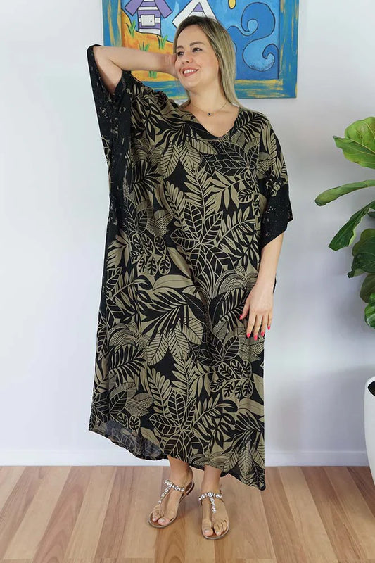 Black Betelnut Print Long Kaftan by Sundrenched