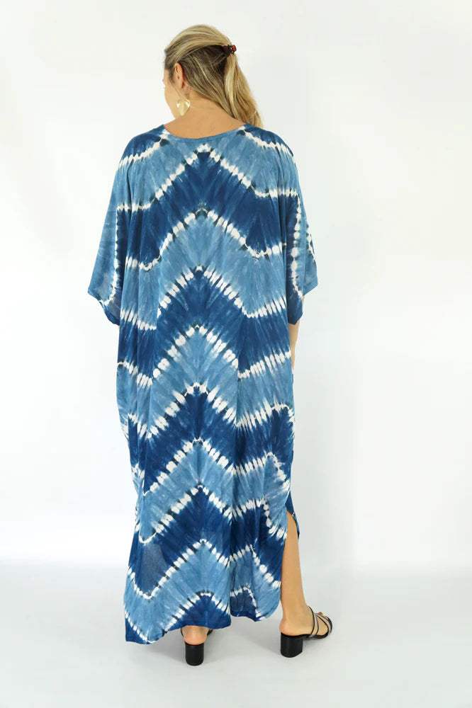 Zig Zag Tie Dye Long Kaftan - Pink, Navy by Sundrenched