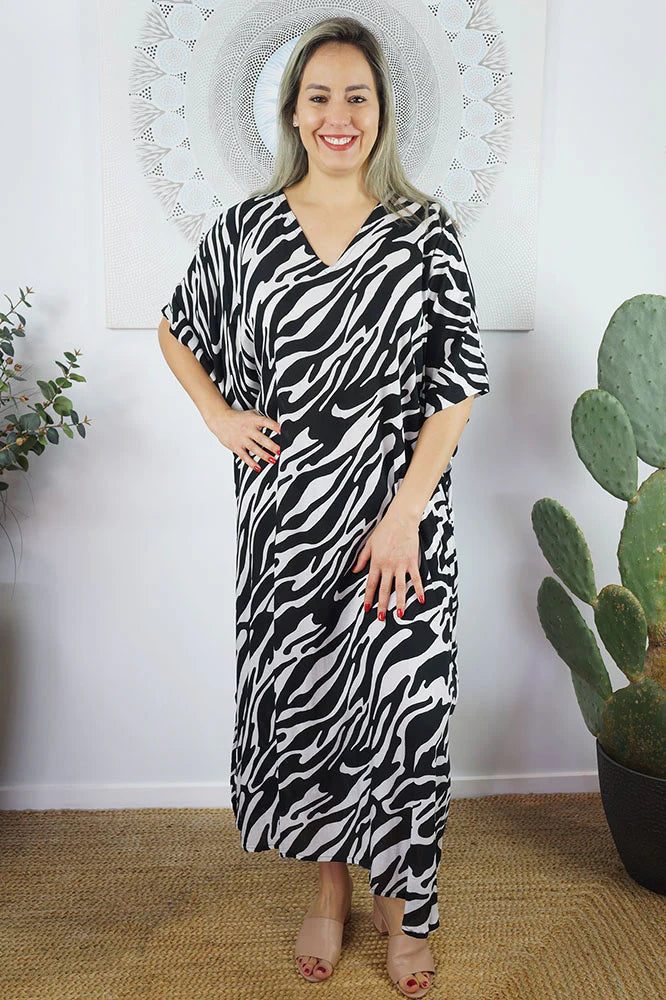 Zebra Print Long Kaftan - Black, Brown or Navy by Sundrenched