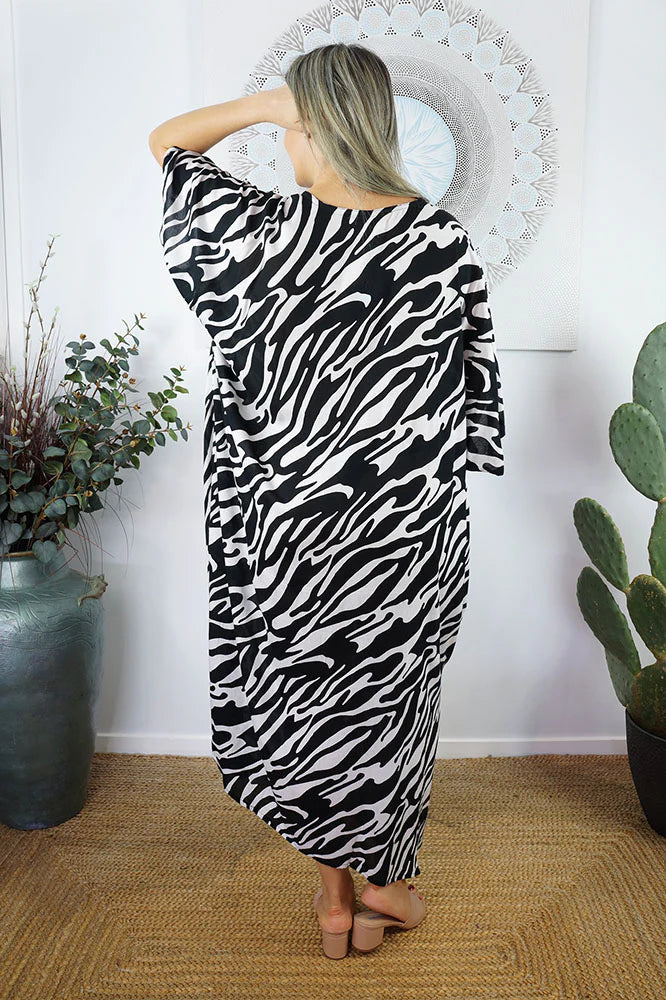 Zebra Print Long Kaftan - Black, Brown or Navy by Sundrenched