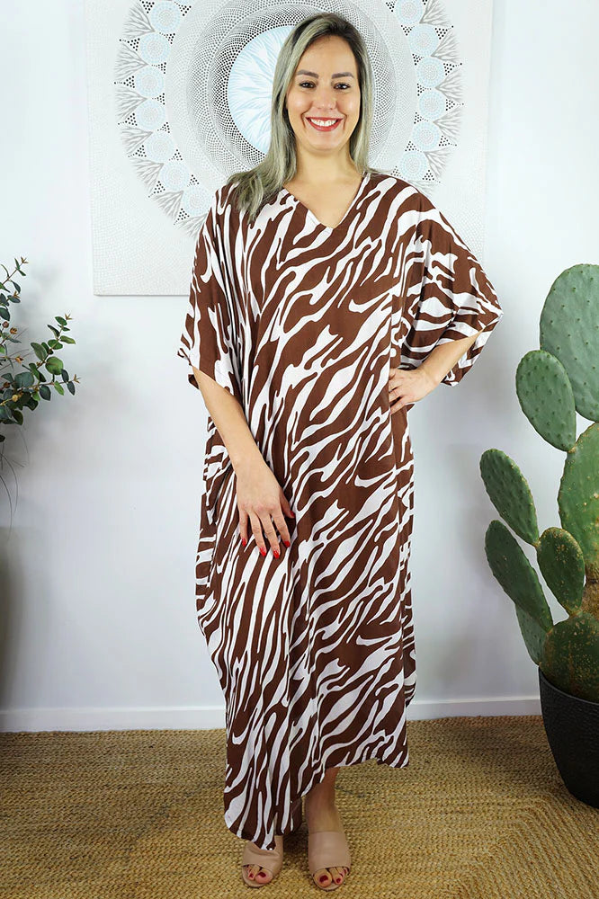 Zebra Print Long Kaftan - Black, Brown or Navy
