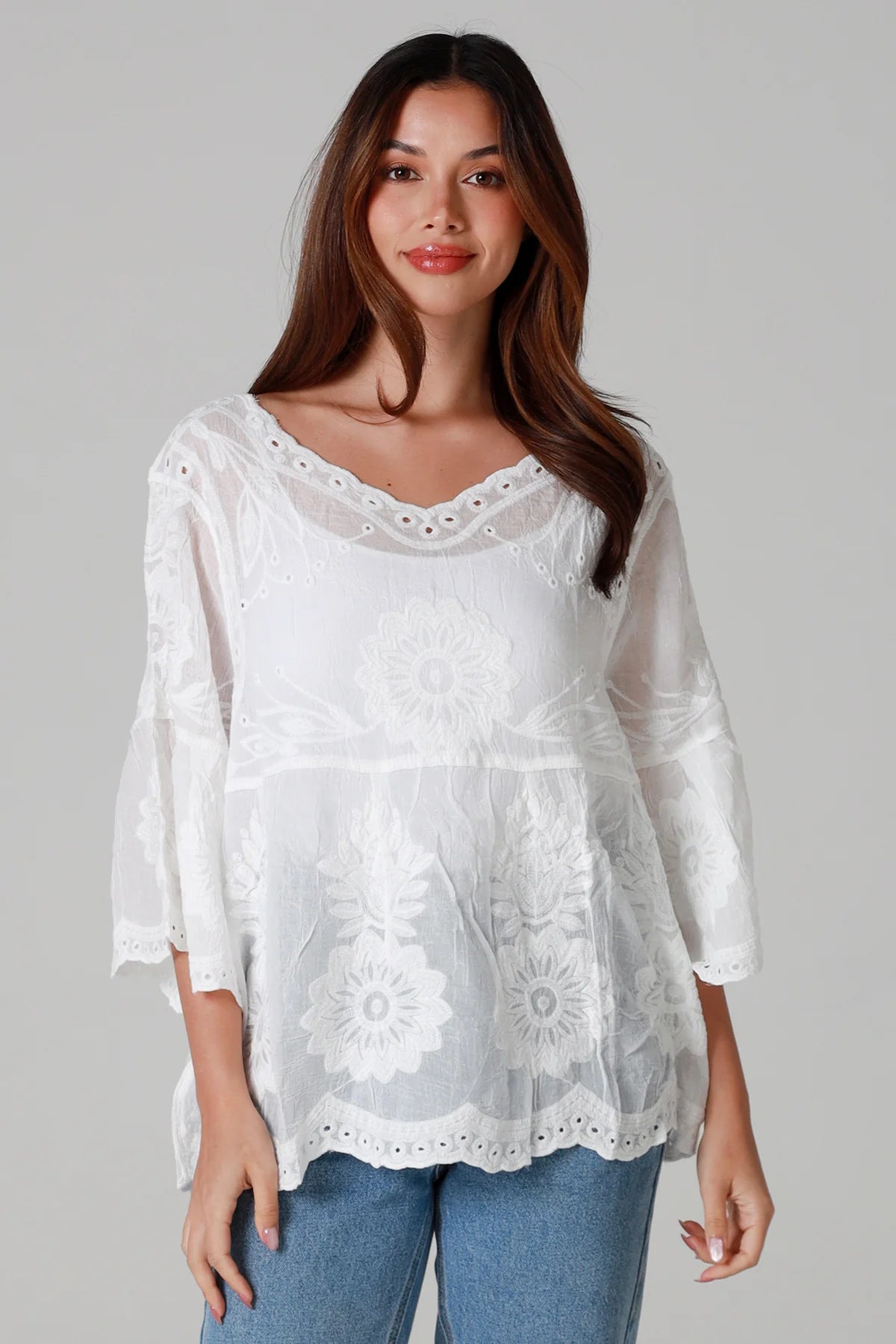 Woman wearing a white lace top with blue jeans on a gray background