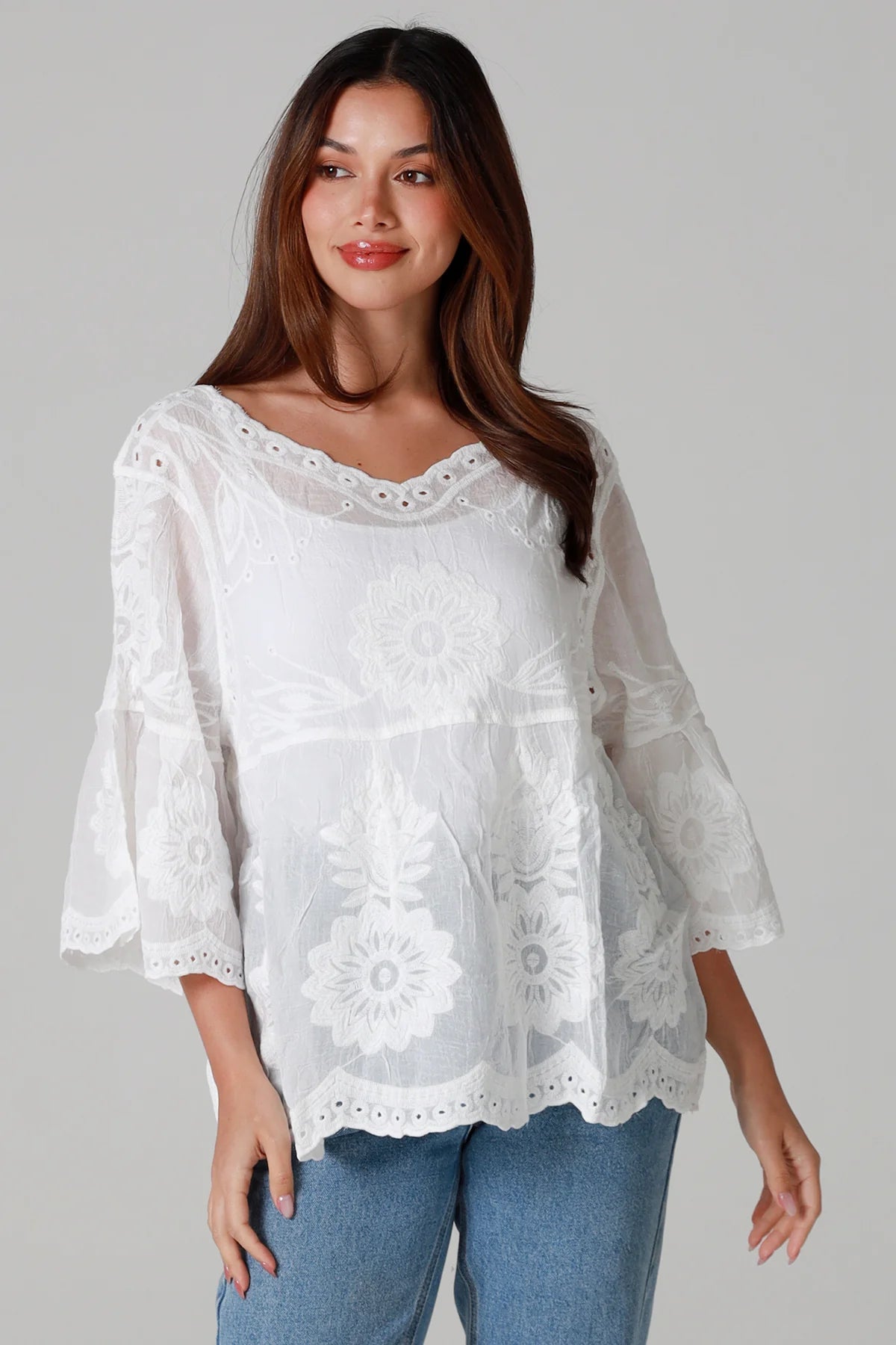 Woman wearing a white lace top and blue jeans against a gray background