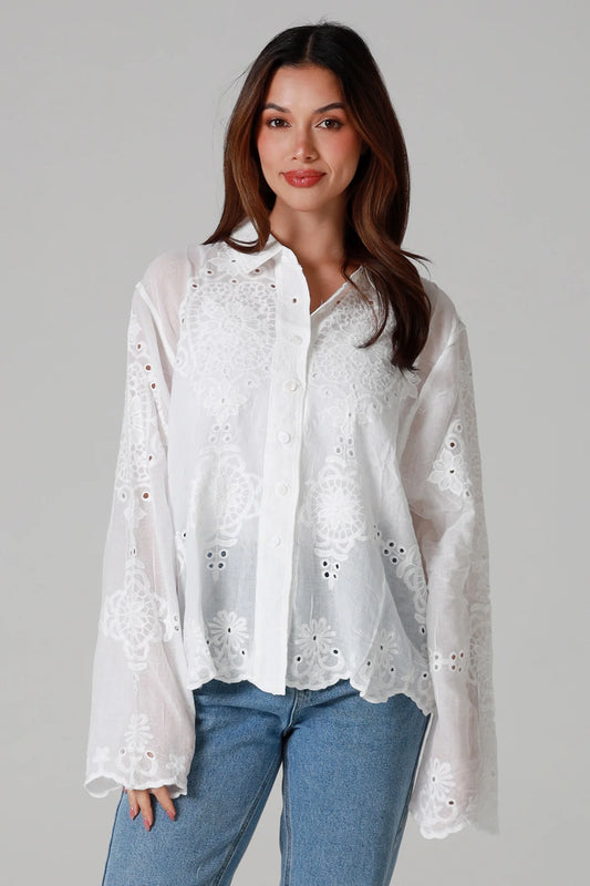 Piper White Cotton Embroidered Shirt by Willow