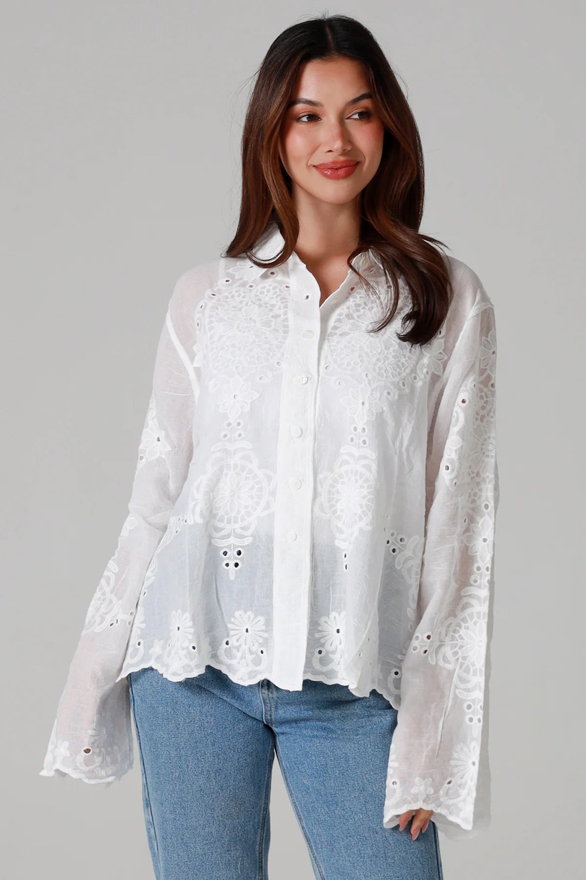 Piper White Cotton Embroidered Shirt by Willow