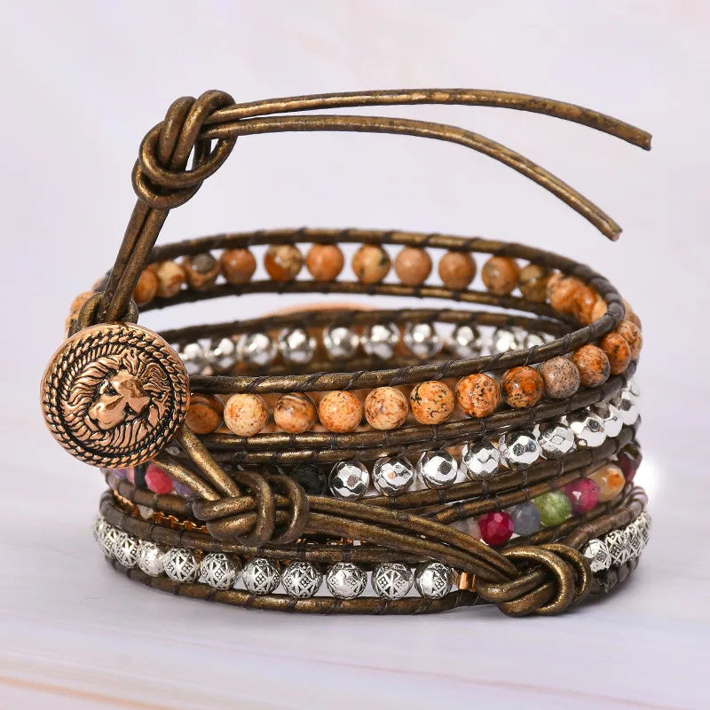 🧡 Picture Jasper & Crystal Multi-Layer Leather Wrap Bracelet