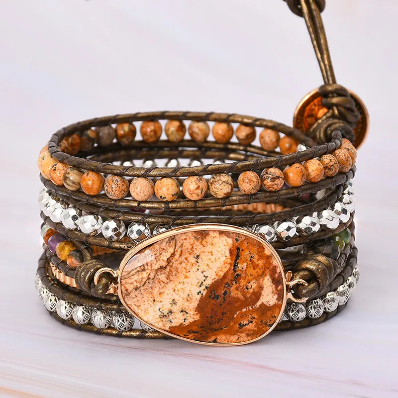 🧡 Picture Jasper & Crystal Multi-Layer Leather Wrap Bracelet