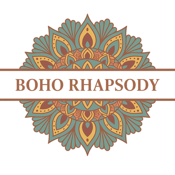 Decorative logo with 'Boho Rhapsody' text and intricate patterns on a white background