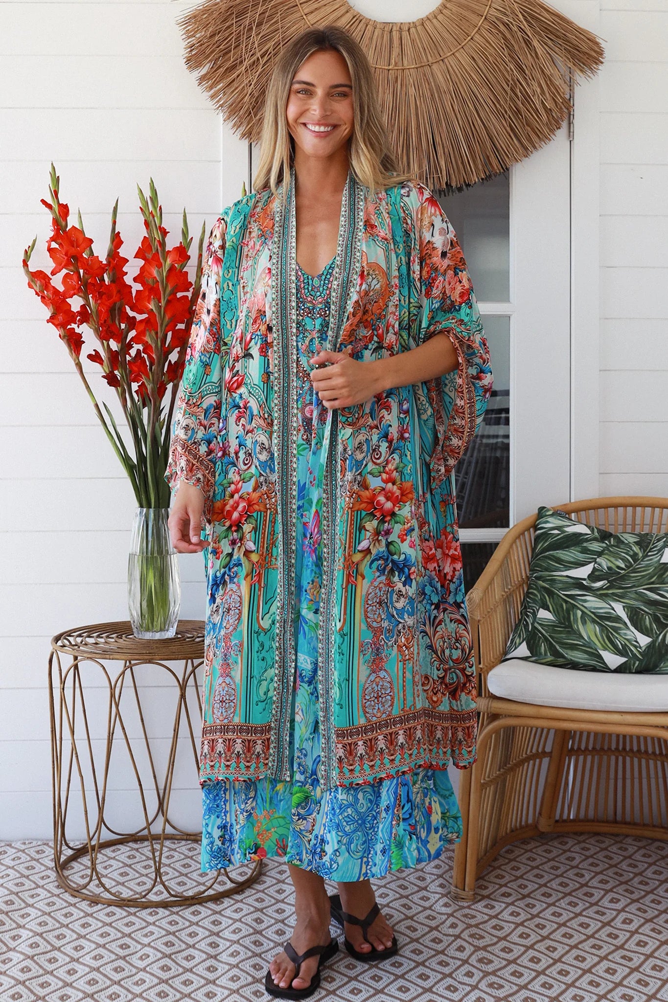 Peacock Feather Embellished Blue Kimono