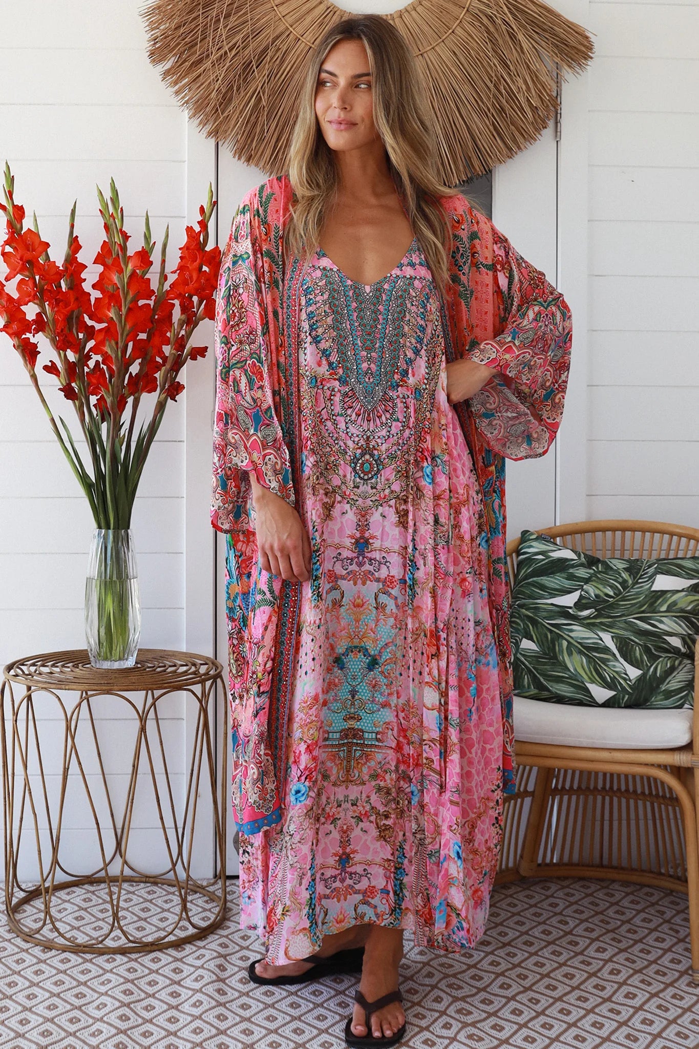 Desidera Embellished Kimono – Boho Luxe Viscose Wrap - Pink or Blue
