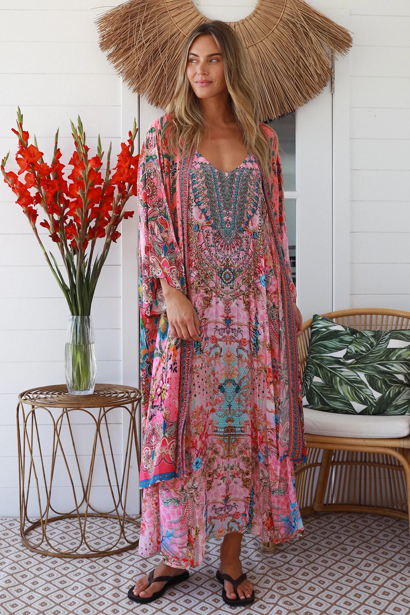 Desidera Embellished Kimono – Boho Luxe Viscose Wrap - Pink or Blue