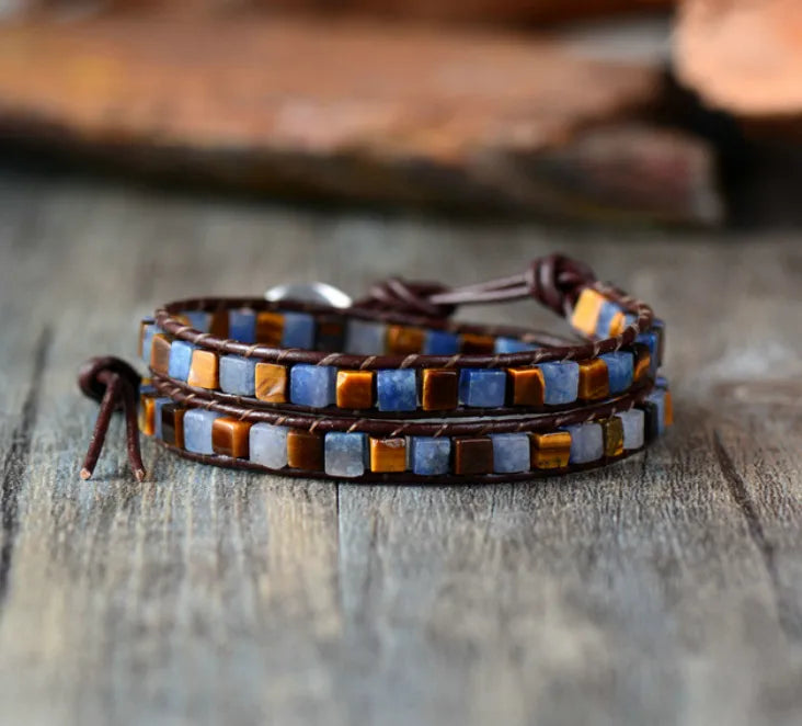 Multi Gemstone Handmade Woven Leather Wrap Bracelet