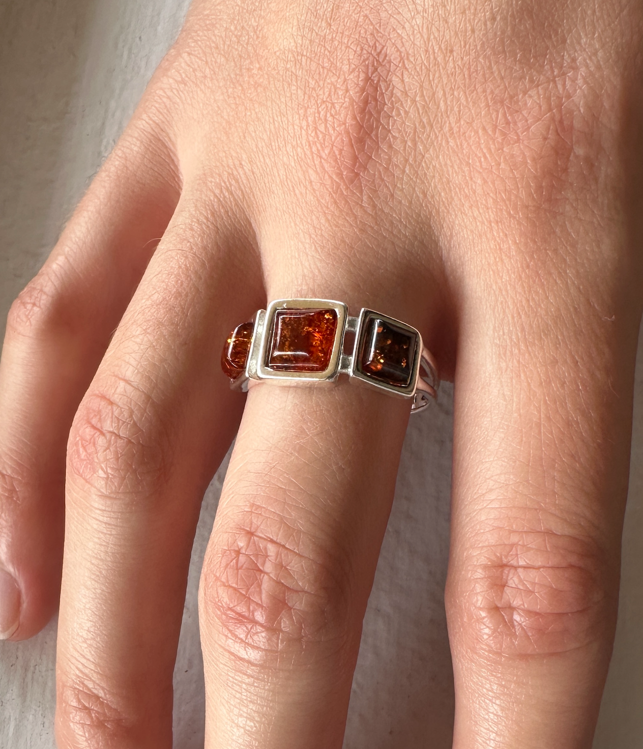 Sterling Silver & Amber Triple Stone Ring Size 9