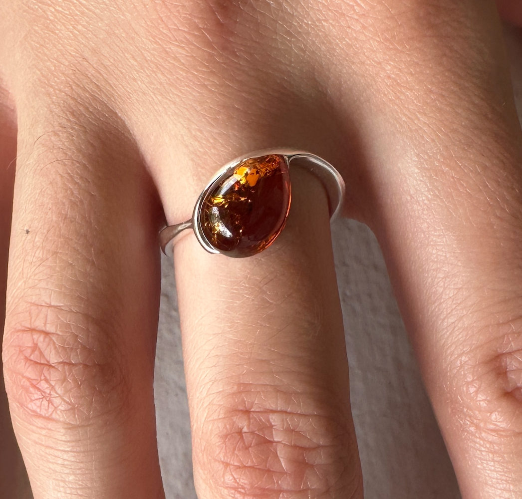 Sterling Silver & Amber Teardrop Ring