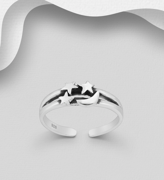 Sterling Silver Adjustable Oxidized Moon and Star Toe Ring by Boho Rhapsody