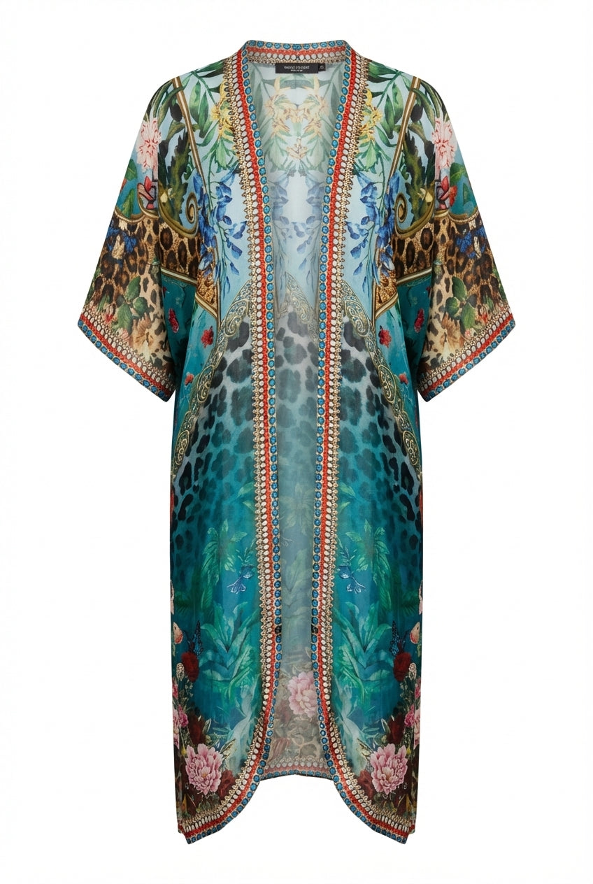 Serenity Luxe Teal Green Floral Embellished Kimono