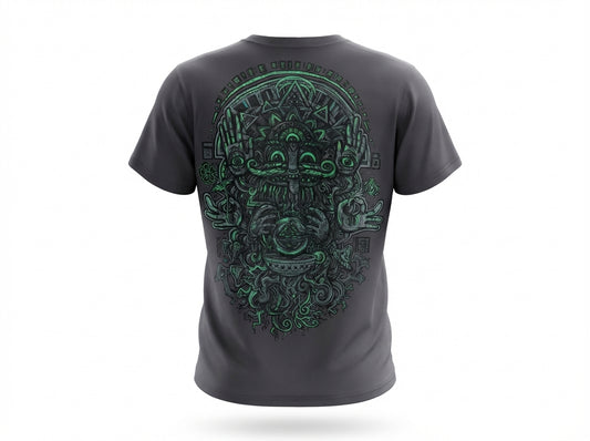 Gray t-shirt with green intricate design on the back against a white background