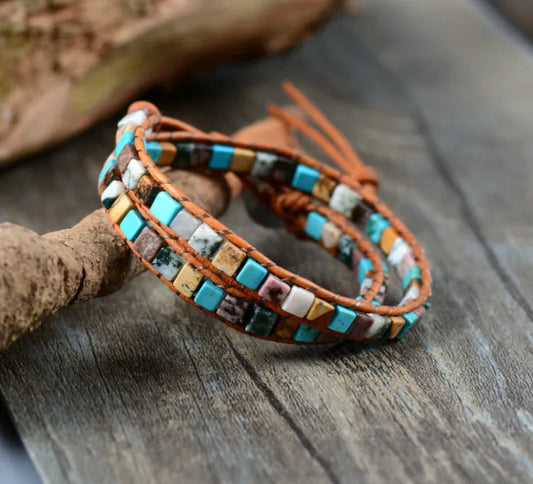 Multicolored beaded bracelet on a wooden surface