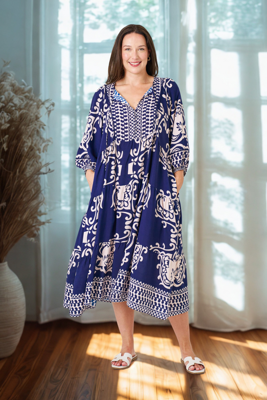 Shreya Blue Midi Dress by Boho Australia