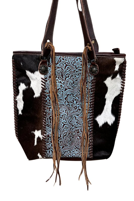 Tallulah Hand-Tooled Leather and Hide Tote by Myra Bags