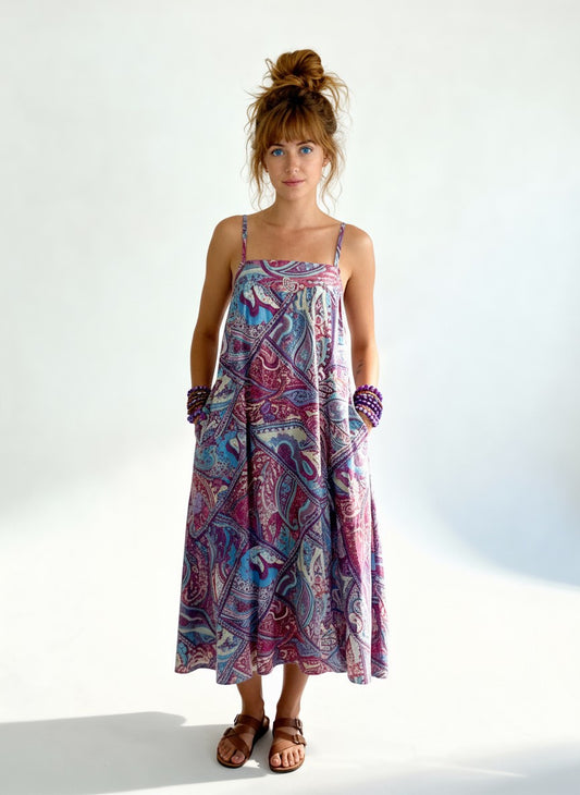 Woman wearing a colorful paisley dress on a white background