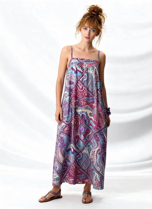 Woman wearing a colorful patterned dress on a white background