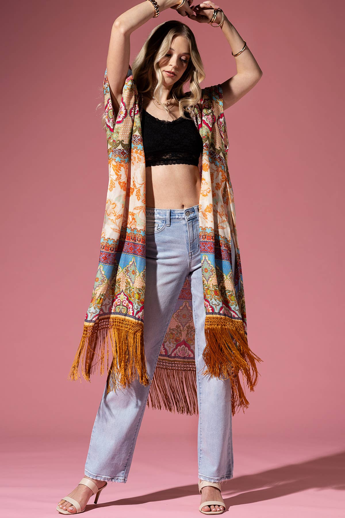 Cairo Demask Print Fringe Kimono