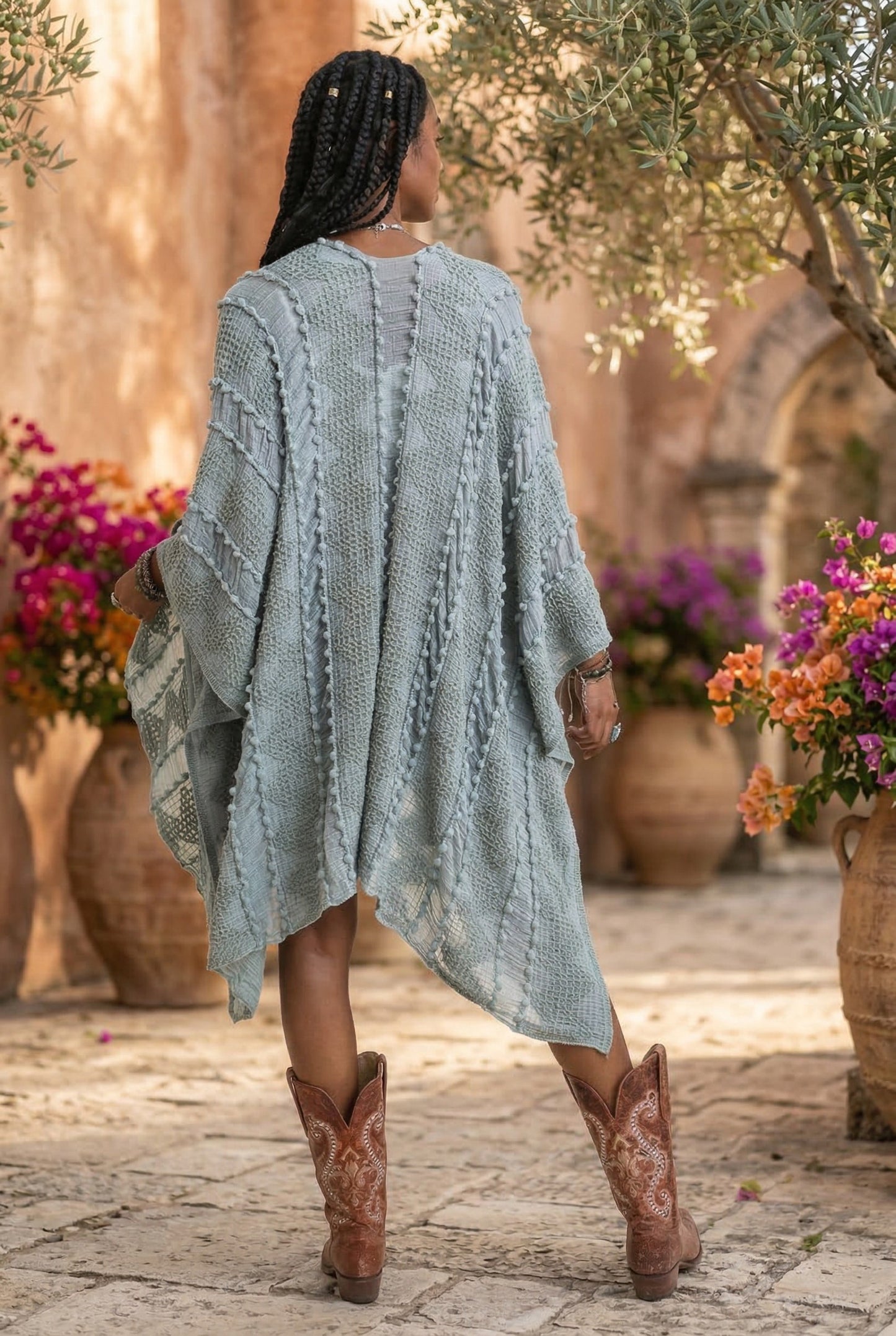 Cheyenne Embroidered Zig Zag Soft Kimono - Sage