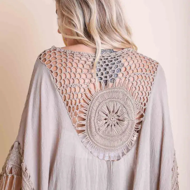 Nina Crochet Back Tasseled Short Kimono Cape by Leto Accessories
