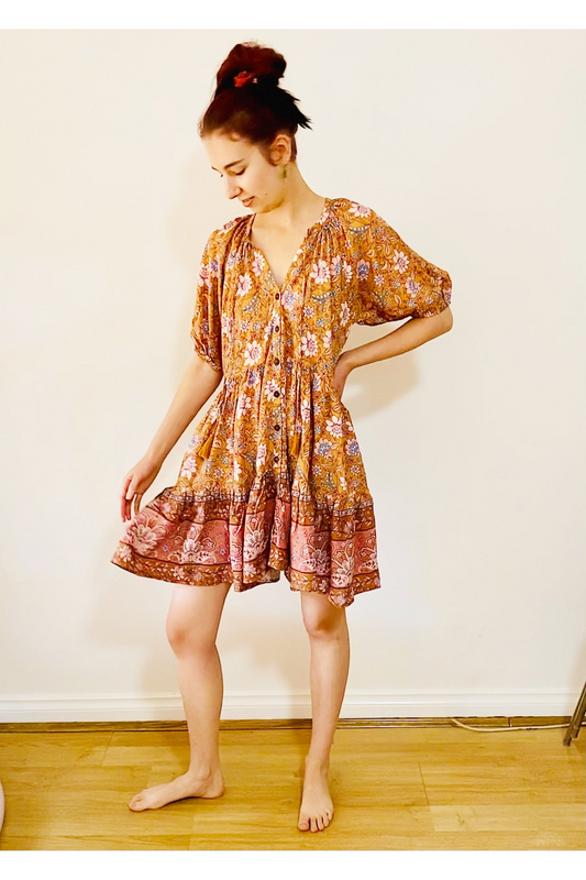 Carly Babydoll Dress - Tan Floral by Boho Rhapsody