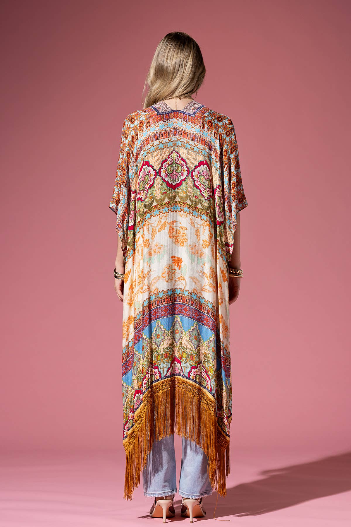 Cairo Demask Print Fringe Kimono