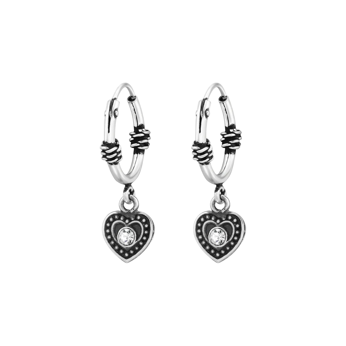 Silver Hanging Heart Oxidised Huggies Earrings by Nakoa