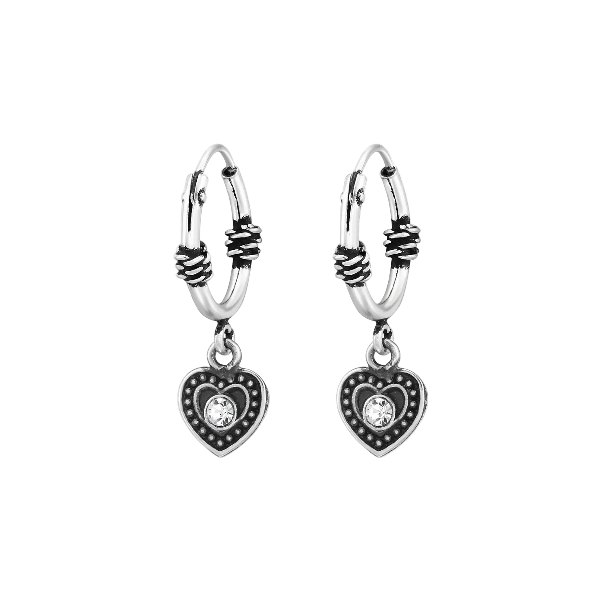 Silver Hanging Heart Oxidised Huggies Earrings by Nakoa