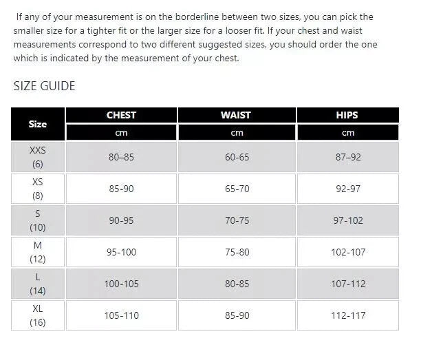 Size guide chart for clothing measurements in centimeters