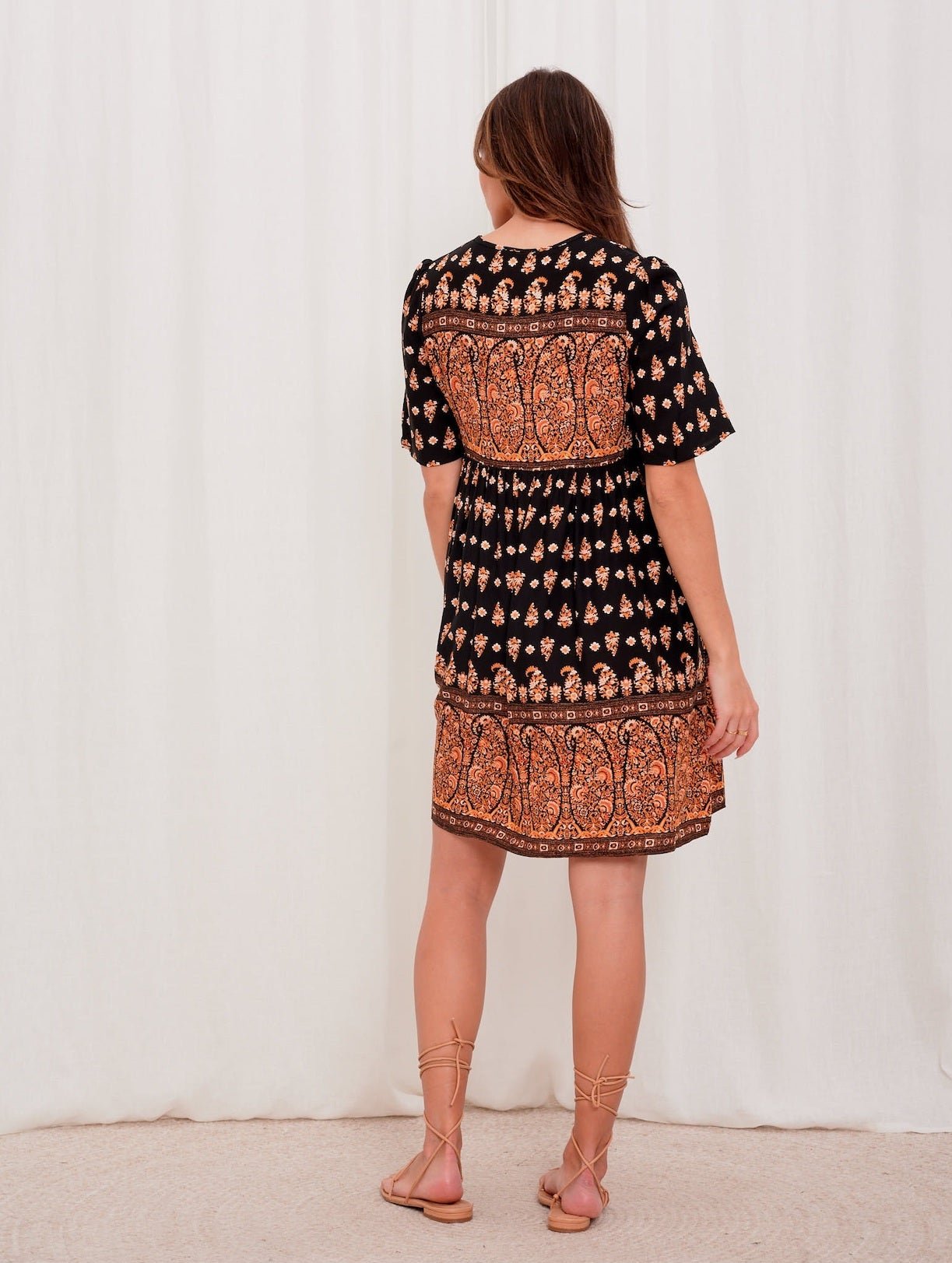 Aurelia Black Orange Boho Short Dress